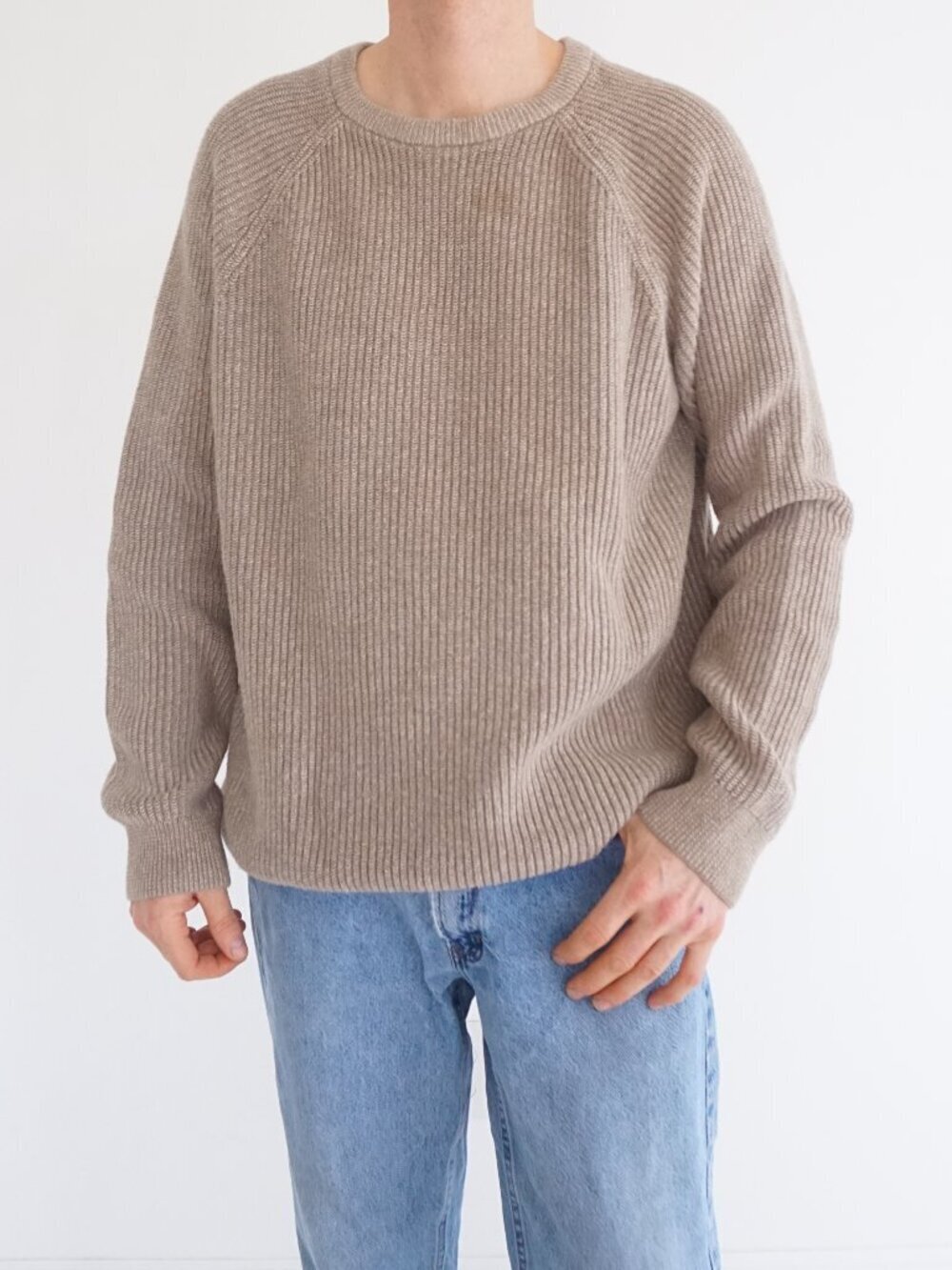 Denver Hayes Beige Oatmeal Rib Raglan Crewneck Heavyweight Sweater 2XL Tall